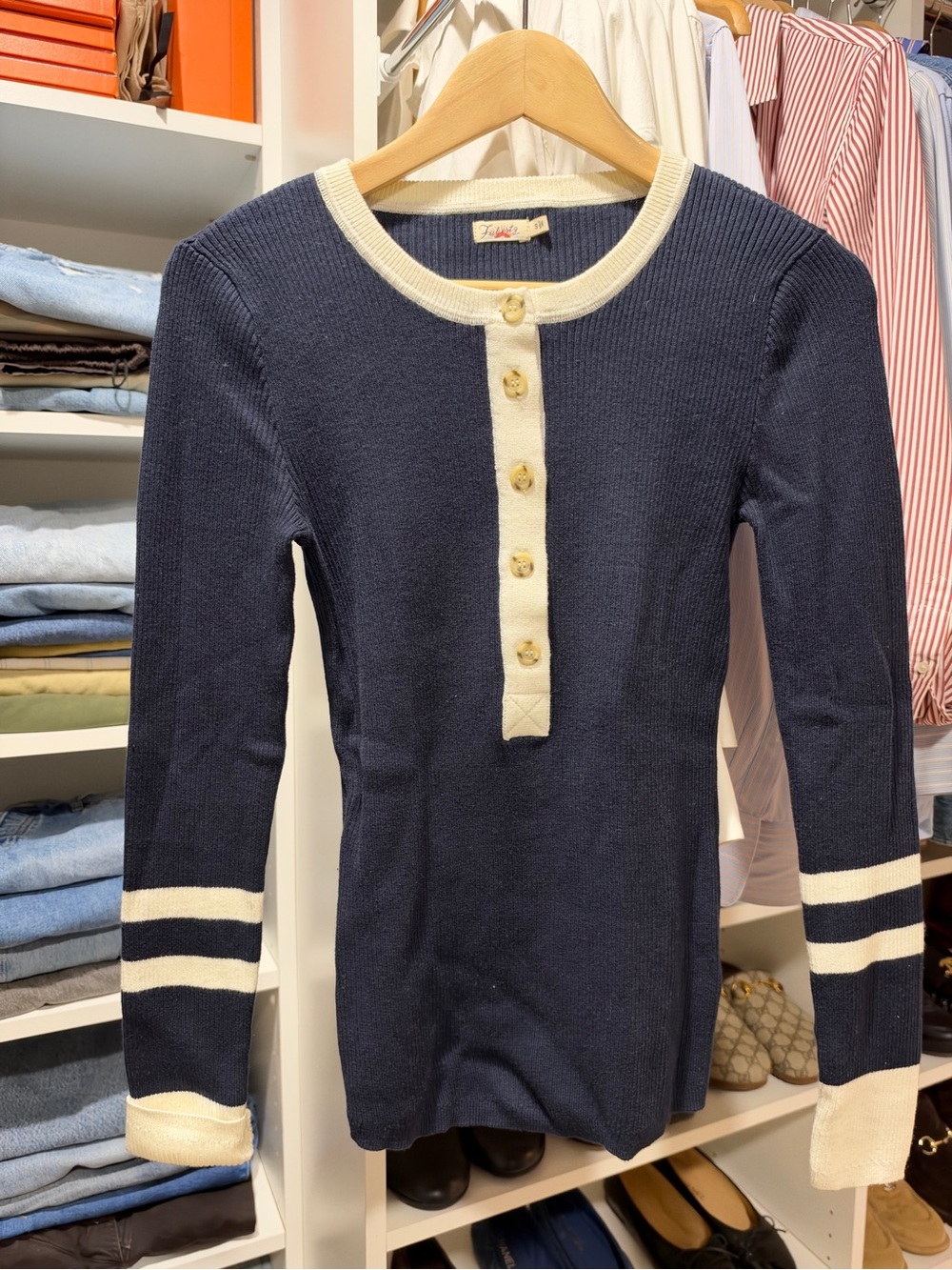 Faherty Navy Ribbed Henley with White Trim - Kids Long Sleeve - Picture 3 of 7
